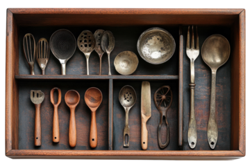 Vintage kitchen utensils arranged neatly in a wooden drawer showcasing craftsmanship and history