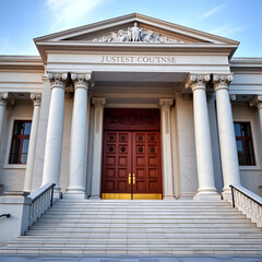 Obraz premium Impressive marble courthouse exterior with grand staircase, ornate pillars, and massive wooden doors, conveying formal authority and justice system's solemnity.
