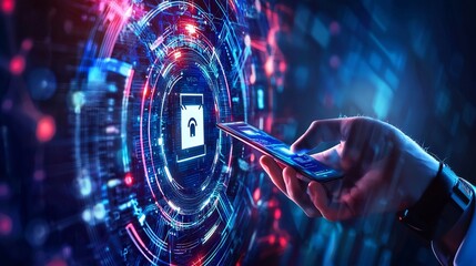 Cyber entrepreneur launching an innovative security startup futuristic tech driven presentation