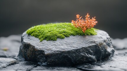 Fototapeta premium Miniature mossy rock garden scene on dark stone