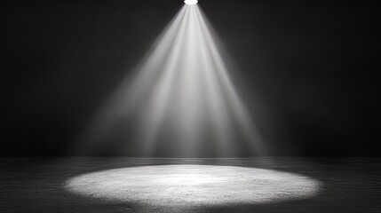 spotlight beams illuminating empty stage, dark background, high resolution, dramatic theater lighting, realistic and clean design, soft shadows, performance atmosphere