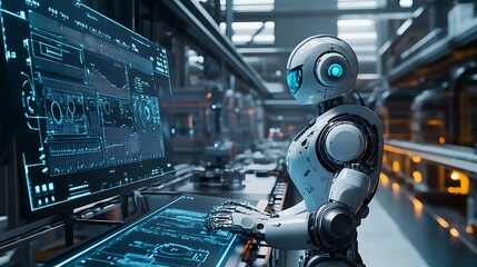 A white robot analyzes data displayed on a large digital screen
