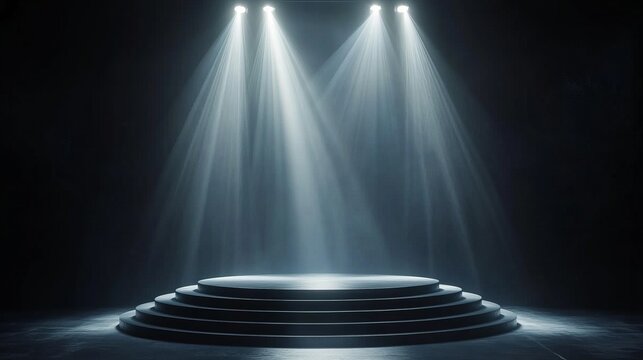 spotlight beams on empty podium, dramatic lighting, high resolution, realistic stage design, minimalistic and clean, dark background, soft shadows, performance atmosphere
