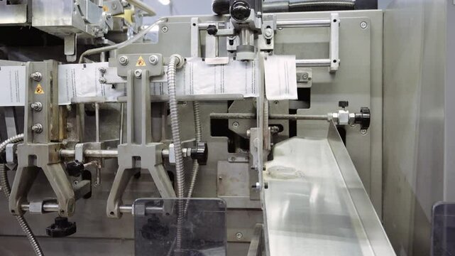 Packs with disinfectant wet wipes fall onto conveyor belt