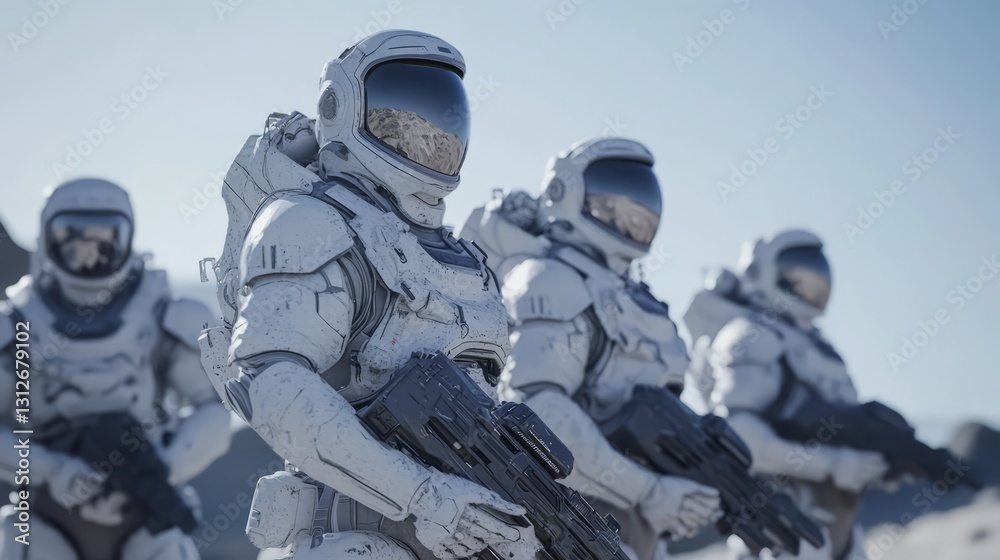 Sticker a group of astronauts in white spacesuits stand in a line, each holding a gun. the scene is set in a
