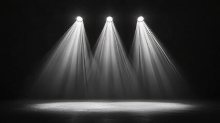stage with multiple spotlight beams, realistic lighting, high resolution, dramatic and theatrical atmosphere, dark background, concert or performance setting, soft shadows