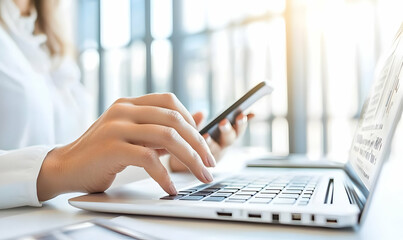 Fototapeta premium Professional Woman Using Smartphone While Working on Laptop