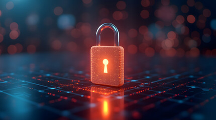A glowing matallic 3d lock symbol on a digital background, representing cybersecurity and data protection in a futuristic technology environment