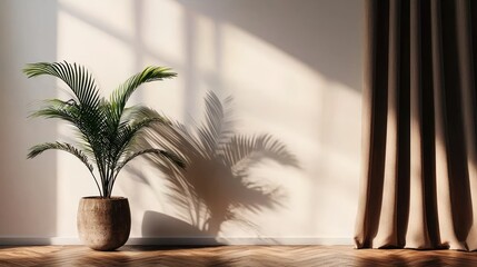 Fototapeta premium Sunlit Interior with Palm Plant and Drapes: A Study in Warm Light and Minimalist Design