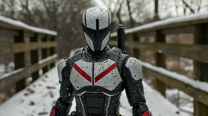 Action figure stands on snowy wooden bridge amidst winter scenery with trees in background