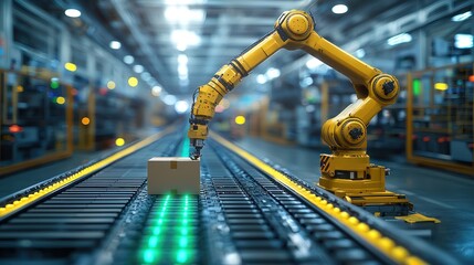 Industrial robot placing box on conveyor belt in factory