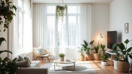 Bright and airy living room with plants and modern furnishings filled with natural light during daytime