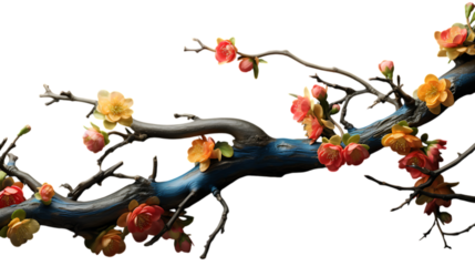 PNG Cutout of Colorful Flowers on a Branch with a Transparent Backdrop for Decorative and Artistic Use