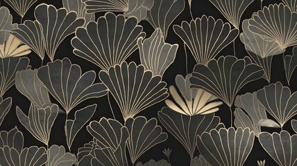 Elegant black and gold floral pattern, featuring stylized leaves and flowers with a textured, almost etched appearance, the color palette is monochromatic