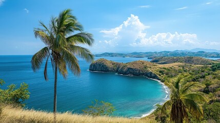 Tropical island view. Ocean water meets land. Palm trees grow by the sea. Blue skies and white clouds fill the frame. Coastal scene.
