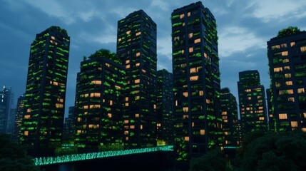 Fototapeta premium Utopian city with bioluminescent skyscrapers, vertical gardens, and floating walkways
