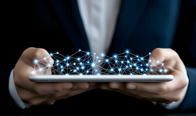 Hands Holding Tablet with Digital Network Connections Concept