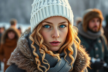 a high-resolution portrait photograph featuring a young woman with striking blue eyes and fair skin, framed by long, wavy blonde hair.