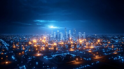 Fototapeta premium Aerial view depicts a brightly lit city during the nighttime hours