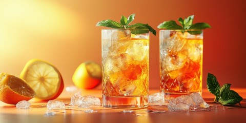 Refreshing iced tea beverages served with citrus fruits and mint leaves during a warm summer afternoon