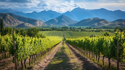 Fototapeta premium Vineyard row stretches toward mountains. Green leaves of vines. Field vista of plants. Summer growth under sky. Path view to hills.