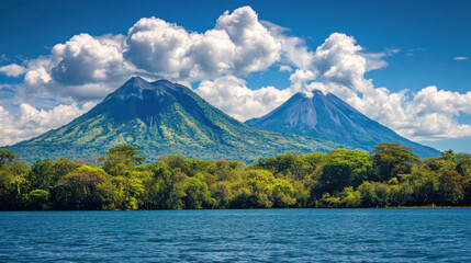 Volcano Landscape. Two green mountains over lake. Blue sky with clouds in background. Tropical forest at water edge. Natural environment view.