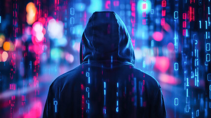 Hooded figure in cyberpunk setting with digital code overlay