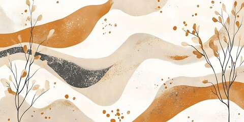 Abstract art with flowing lines and neutral earth tones. Minimalist style with subtle plant details