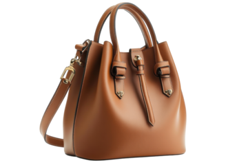 Stylish brown handbag displayed against a plain background, showcasing its smooth texture and elegant design