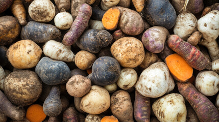Assorted heirloom root vegetables: diverse shapes and earthy colors