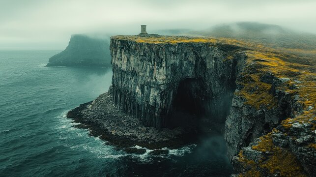 Misty coastal clifftop tower, dramatic ocean view