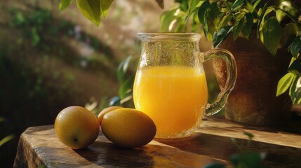 Fresh Mango Juice in Glass Pitcher Surrounded by Ripe Mangoes and Lush Greenery