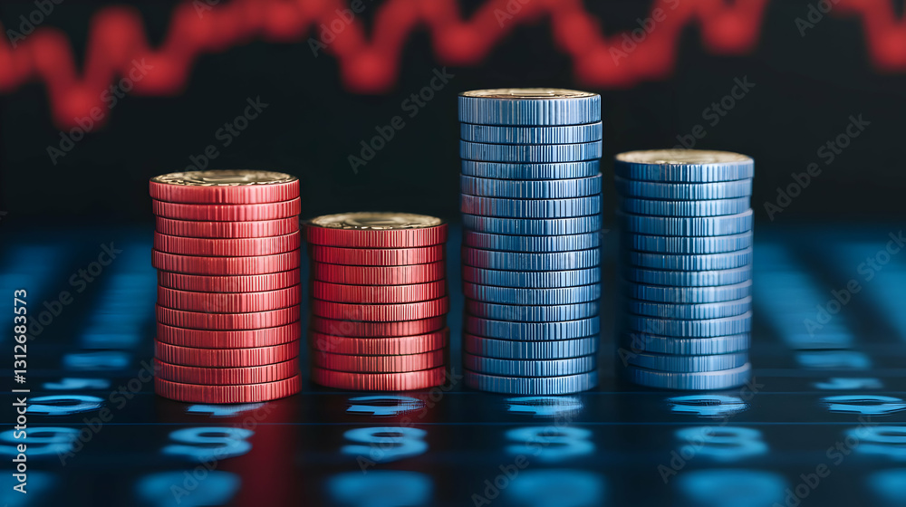 Poster stacked coins representing financial concepts with graph background