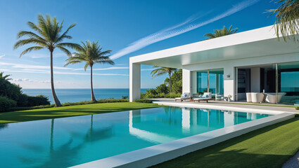 Stunning luxury home showcasing its turquoise pool, lush palm trees, and breathtaking ocean vista.