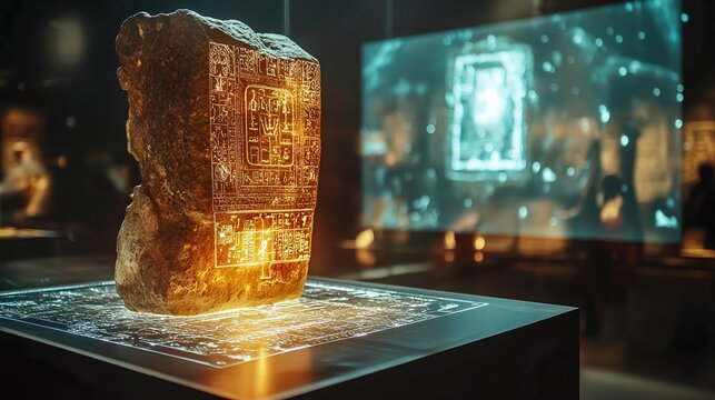  3D scanner capturing a detailed model of an ancient artifact in a museum precise laser beams moving over the surface of a stone sculpture, while a digital screen reconstructs the object in real-time.