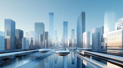 Fototapeta premium Hyper-modern metropolis with transparent buildings, hovering transportation, and smart AI integration
