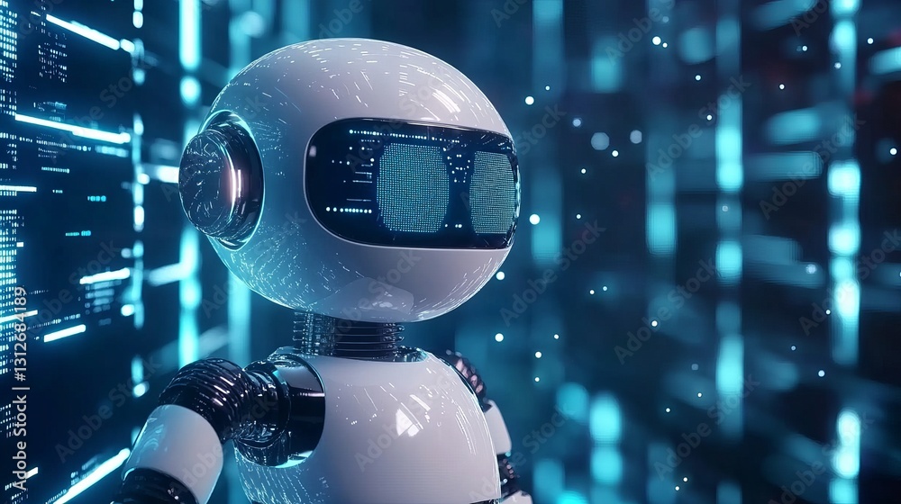 Poster futuristic robot analyzing digital data streams advanced technology artificial intelligence modern r