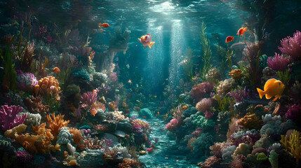 Vibrant Coral Reef Underwater Scene with Colorful Fish