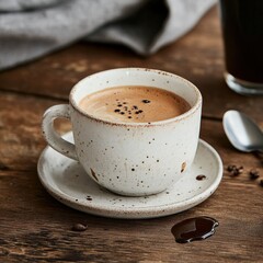 Fototapeta premium Rustic ceramic cup of coffee with rich crema on a wooden table.