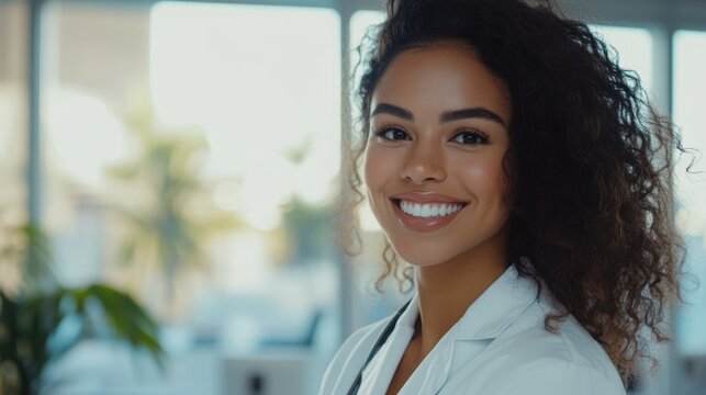 Femme m&eacute;decin souriante en blouse blanche