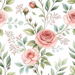 Seamless Floral Pattern with Pink Roses and Green Leaves on White Background
