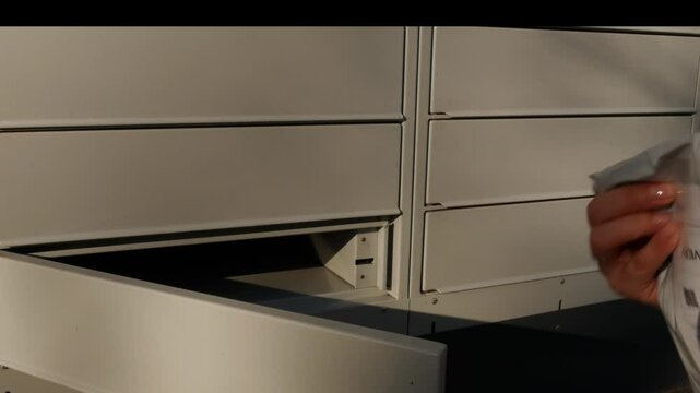  Close-up of a woman picking up her package from a smart postal terminal, showcasing the convenience of modern delivery services.