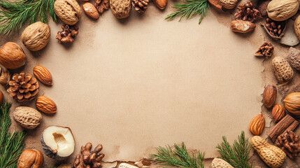 Rustic wooden background with nuts, pinecones, and greenery border