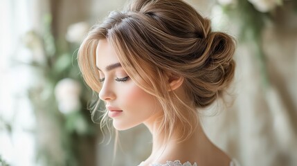 Naklejka premium Elegant young woman with soft updo hairstyle, gentle lighting, delicate beauty, romantic bridal look, peaceful and dreamy atmosphere, floral background.