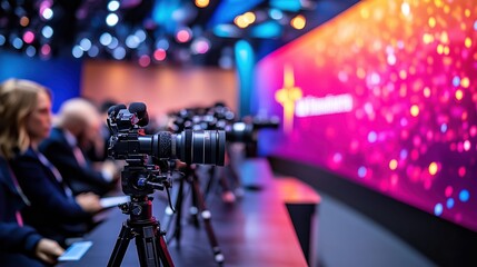  Eurovision press conference with the latest finalists answering questions artist sitting at a sleek, modern table with the Eurovision 2025 logo behind them.