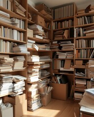 Obraz premium Crowded Office Archive with Stacks of Documents and Files