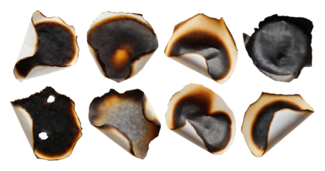 Unique Abstract Textures of Burnt Paper in Various Shapes and Forms, isolated on transparent background