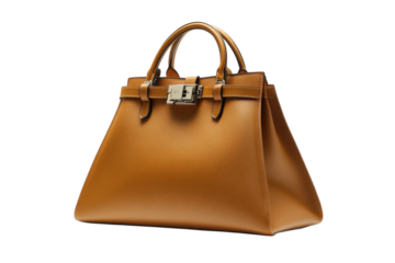 Stylish brown leather handbag with structured design and elegant hardware details in a minimalist setting