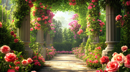 Enchanting rose garden pathway with blooming arches and sunlit foliage