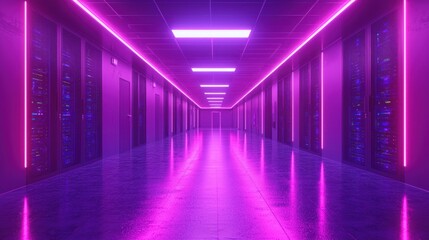 Fototapeta premium Neon lit server room hallway, futuristic data center, illuminated corridor, interior view, possible use for technology background